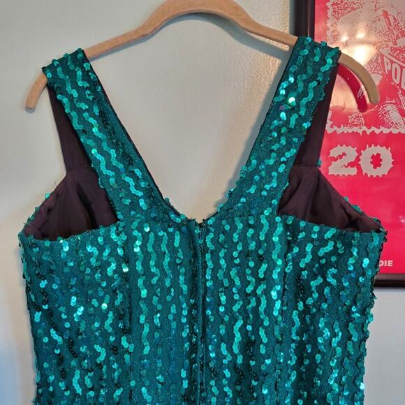 Vintage 80s Teal Sequin Embellished Sleeveless V Neck Mermaid Maxi Dress - Picture 7 of 16